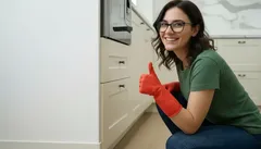 Mulher a limpar cozinha com luvas vermelhas, sorridente e a mostrar sinal de positivo.