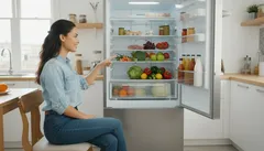 Mulher sente-se na cozinha frente a frigorífico aberto cheio de alimentos frescos e saudáveis.