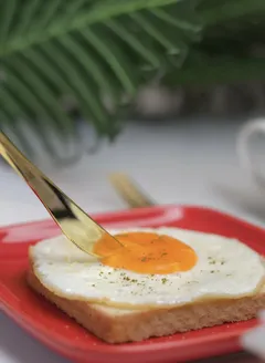 Torrada com ovo estrelado polvilhado com ervas em prato vermelho, café da manhã saudável.