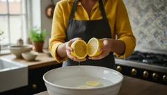 Pessoa a espremer limão numa taça de cozinha, preparação culinária em casa.