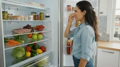 Mulher sente mau cheiro ao abrir frigorífico cheio de alimentos na cozinha.