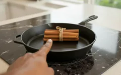 Mão apontando para pau de canela dentro de frigideira preta em cozinha moderna.